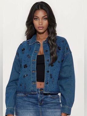 Lap Of Luxury Embellished Denim Shacket - Dark Wash